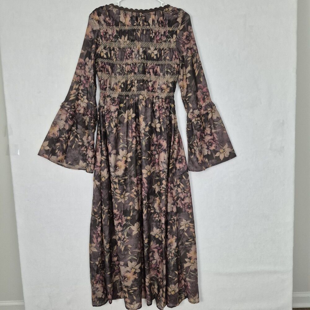 Promesa Small Brown Boho Blossoms Floral Bell-Sleeve Midi Dress Romantic Whimsy - Picture 8 of 12